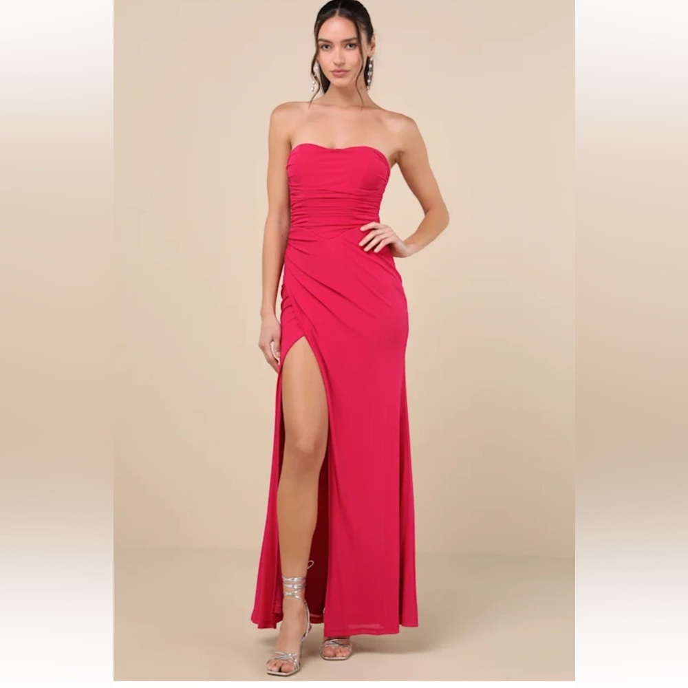 NWT: Lulus Epitome of Allure Pink Fuchsia Mesh Strapless
Ruched Maxi Dress - L